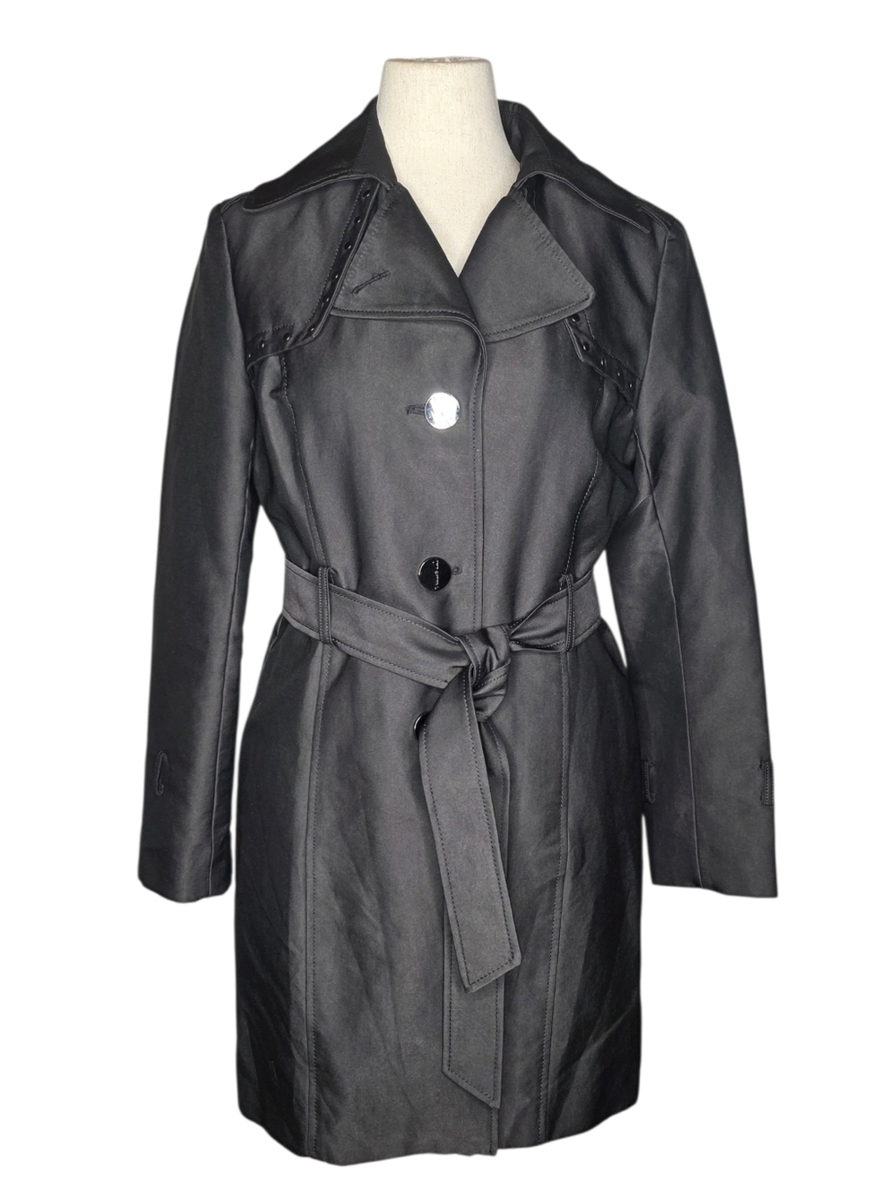 Kenneth Cole Black Belted Trench Coat Studded Detail Womens Large